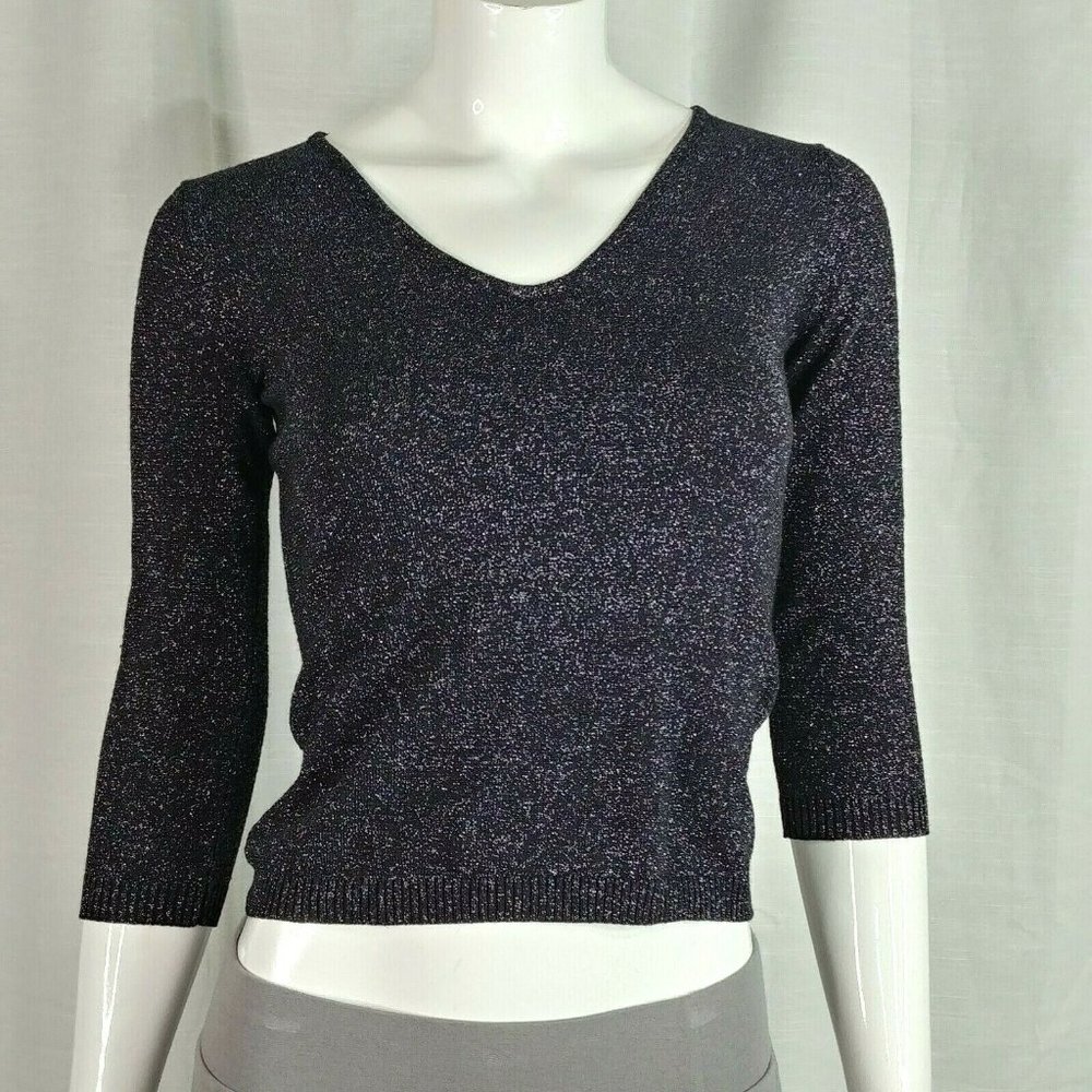 Metro 7 Black Stretch Knit Vneck 3/4 Sleeve Top